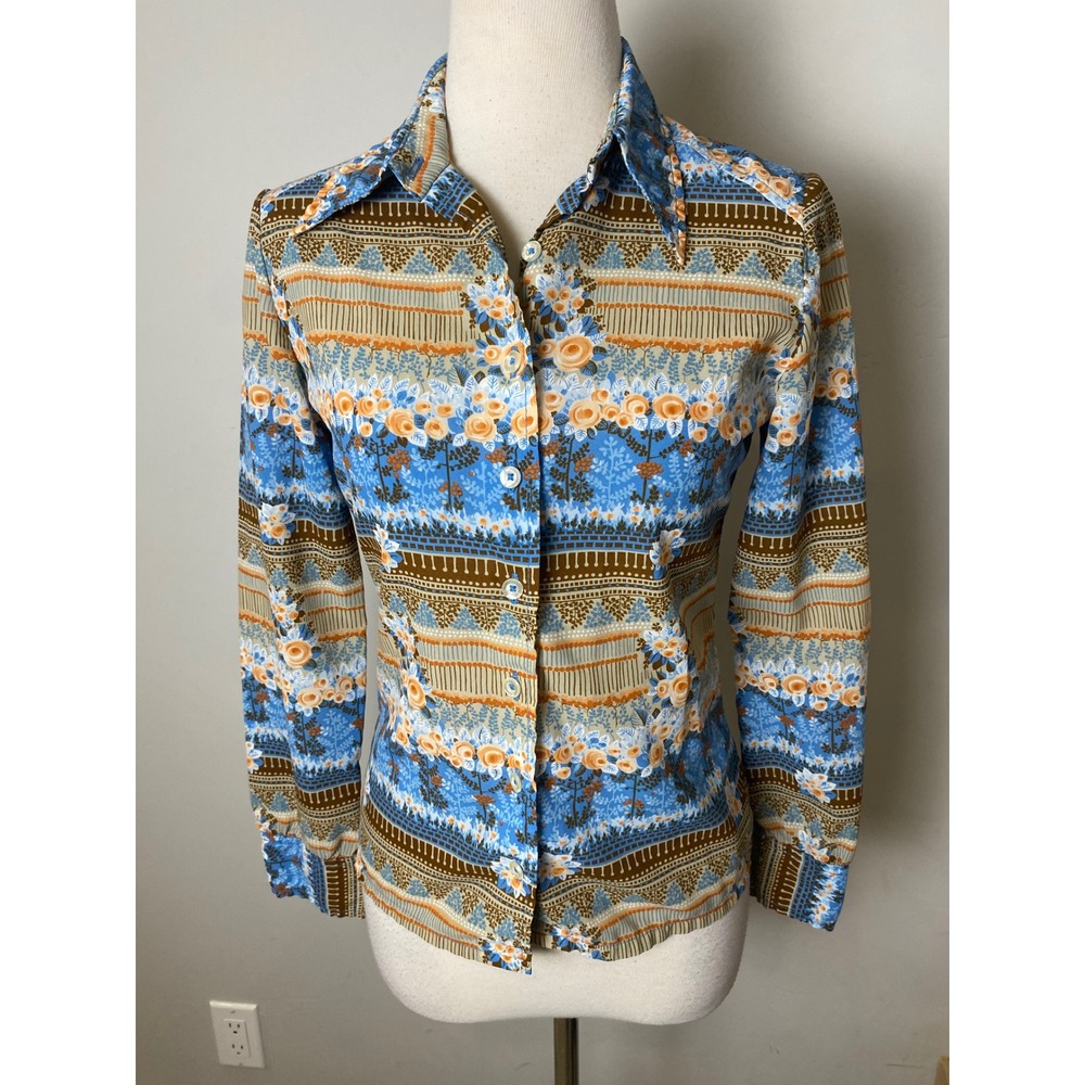 Vintage 70s JH Collectibles Floral Dagger Collar Blouse Blue Brown Orange